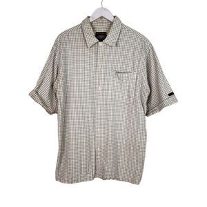 Vtg FUBU Shirt Mens Large Cream Blue Check Short Sleeve Button Front Top‎